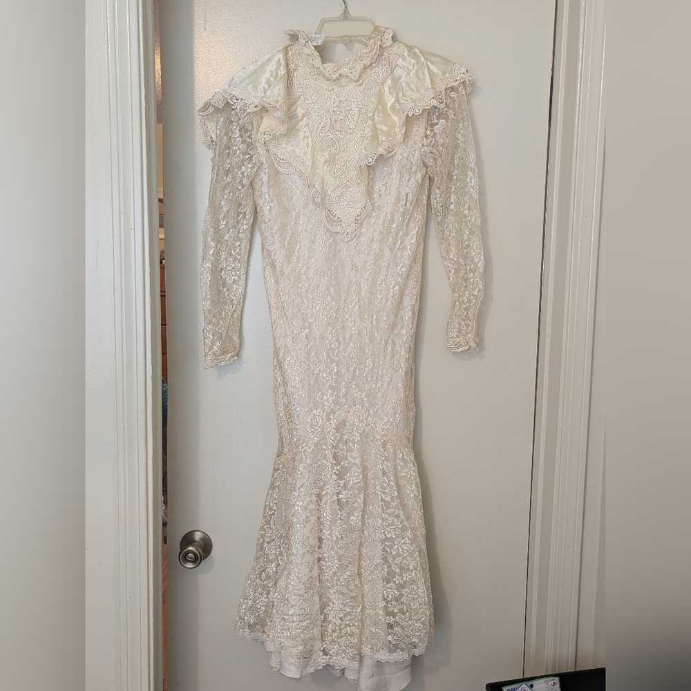 Vintage Jessica McClintock Bridal Ivory Lace Satin Wedding Dress Womens XS